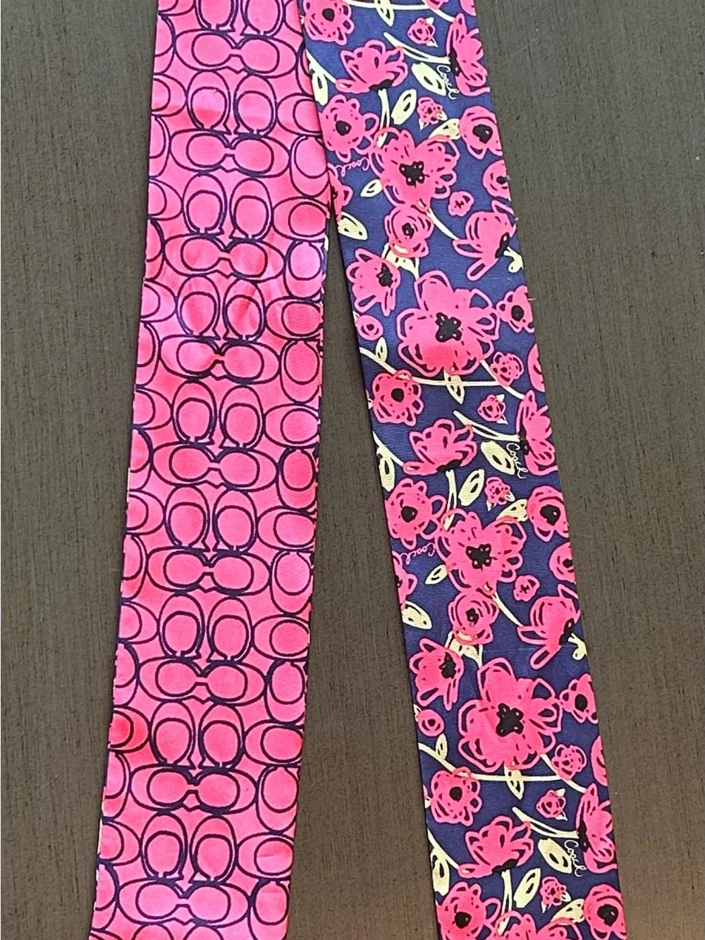 Coach Pink & Navy Floral Signature Silk Scarf Tie